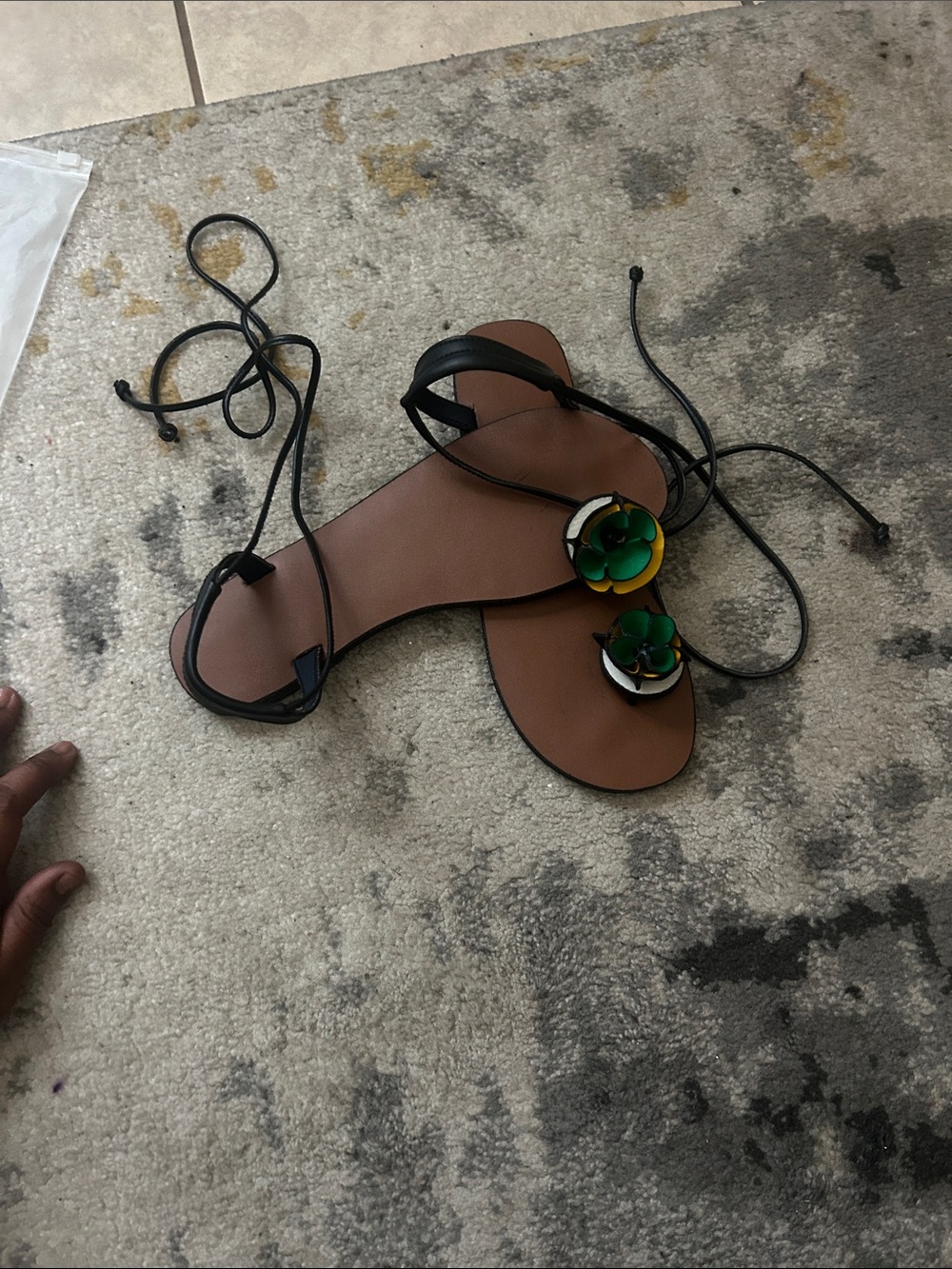 Women’s Black Lace-Up Sandals with Green Flower Accent
